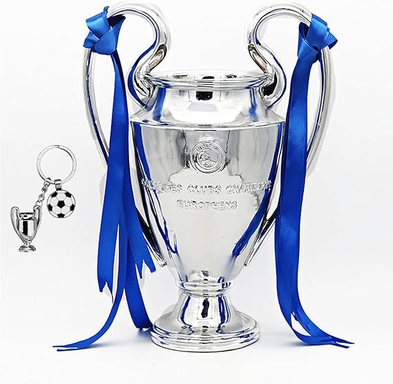 European Champion Football Trophy, Resin St. Bernard League Replica Award Cup, Silver with Blue Ribbons for Sport Fan League Team, LG202407061735