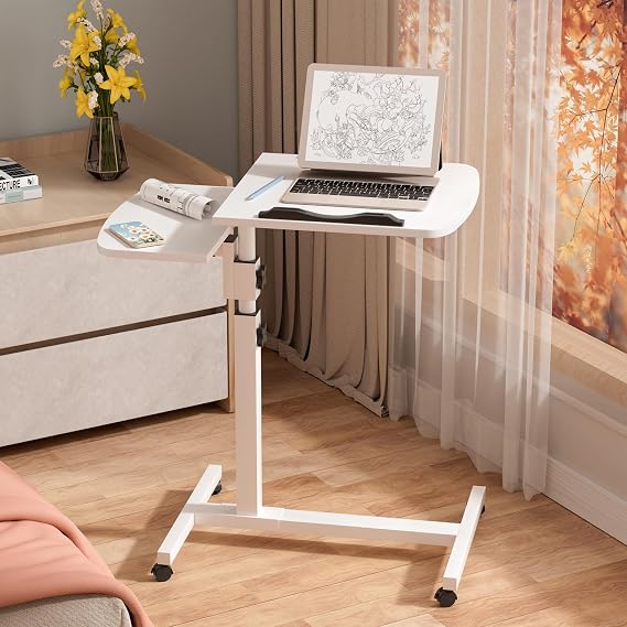 Adjustable Bedside Table, Overbed Table with Wheels, Over the Bed Table with Wheels, Tilt Medical Tray on Wheels, Laptop Table for Recliner, Bed, And Sofa White