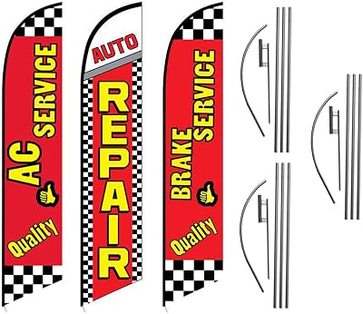 Quality AC Service, Auto Repair, Brake Service, 3 Pack Advertising Package of Feather Banner Swooper Flag Kits with Ground Spikes