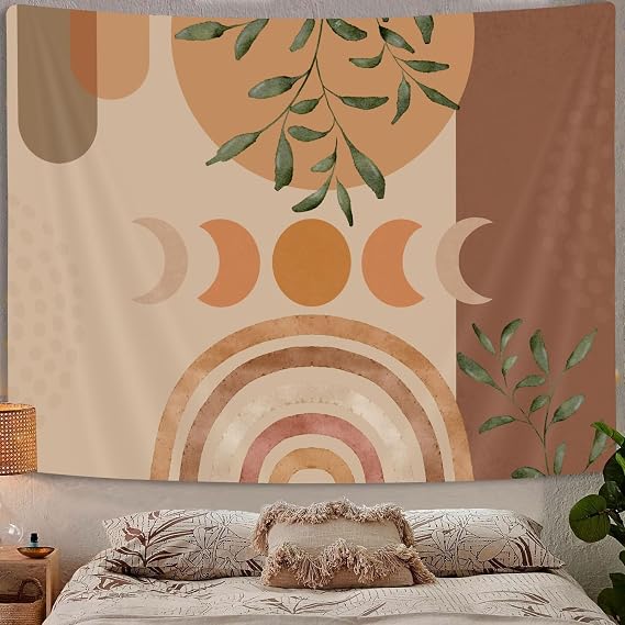 Vintage Sun Tapestry Boho Retro Rainbow Tapestries, Boho Plant Leaves Modern Abstract Aesthetic Modern Bohemian Botanical Home Classroom Art for Living Room Bedroom Dorm, 60x40 Neutral Tan Sage Green