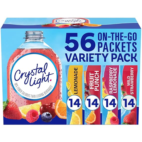 VARIETY PACK Crystal Light Sugar-Free, Lemonade, Fruit Punch, Raspberry Lemonade and Wild Strawberry On-The-Go Powdered Drink Mix Variety Pack, 56 Count