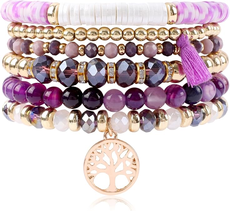 Bohemian Colorful Beaded Bracelets for Women Boho Stackable Natural Stone Letter Clay Glass Beads Stretch Bracelet Set with Charm, Cute Rainbow Friendship Bracelets for Summer Vacation