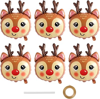 6 Pcs Reindeer Balloons, 21 x 26 Inch Reindeer Head Foil Balloons, Christmas Deer Balloon for Christmas Winter-Themed Birthday Parties Festival Decoration
