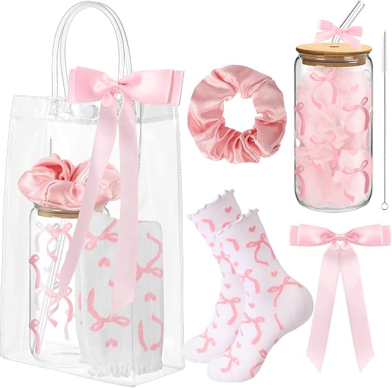 5 Pcs Coquette Pink Bow Gift Set with 16 oz Glass Cup, Ruffle Socks, Satin Hair Scrunchie, Hair Bow Clip, Clear Bag Gift Coquette Stuff for Women Girlfriend Birthday