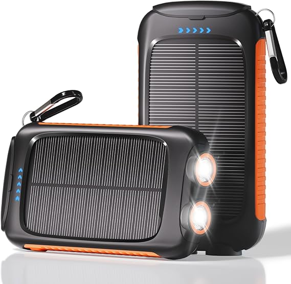 Solar Power Bank 20000mAh, Orange Portable Charger with USB-C USB-A Outputs, Emergency Backup Battery Pack, LED Flashlight, for iPhone Samsung Android Solar for Emergency Only, Perfect for Camping