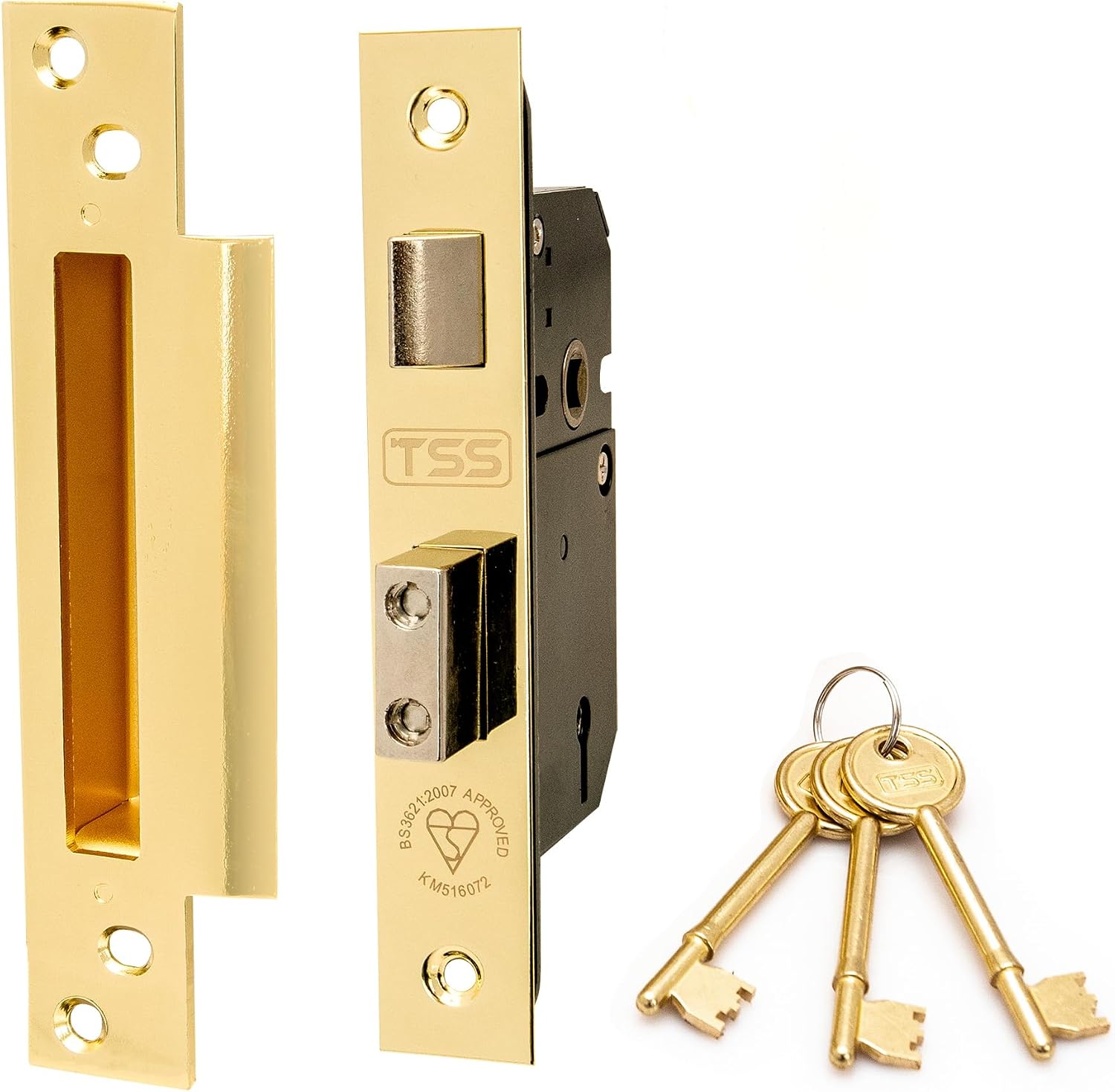 TSS British Standard Mortice Sash Lock 2.5" (68mm) Brass with 3 Keys and Fixings, Insurance Approved for External Doors, British Standard BS3621:2007