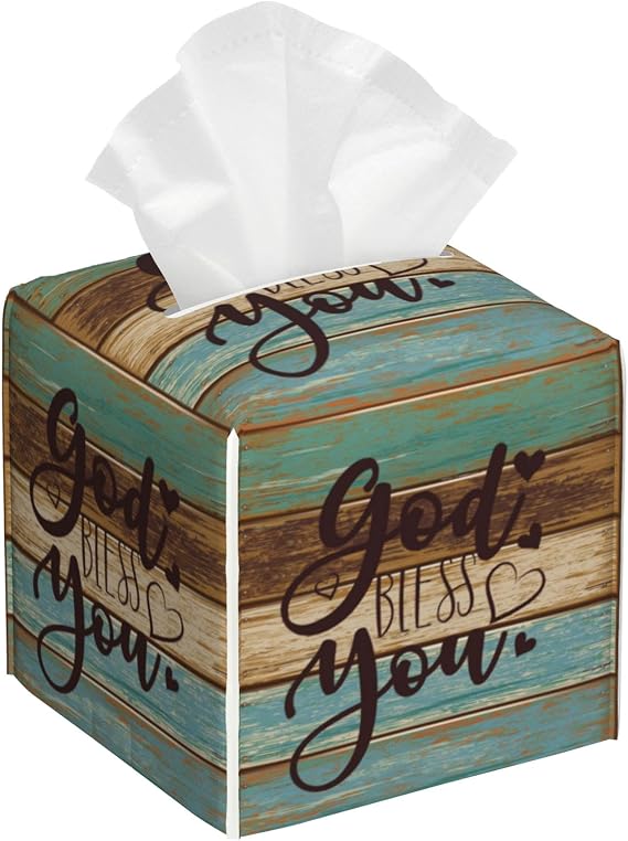 God Bless You Tissue Box Cover,Wooden PU Leather Tissue Box Holder Square,Modern Home Decoration for Bathroom Living Room Kitchen Office Car,5.2"5.2"5.2"