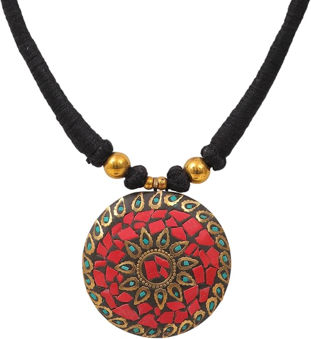 Tibetan Fashion Statement Handmade Junk Boho Gypsy Tribal Red Pendant Thread Necklace Jewelry for Women