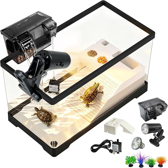 15.7in Turtle Tank Starter Kit with Basking Platform, Hang-on-Back Tank Filter, Adjustable Flow Pump & 360 Timer Basking Light, Bottom Drainage Reptile Aquarium for Small Turtles Aquatic Pets