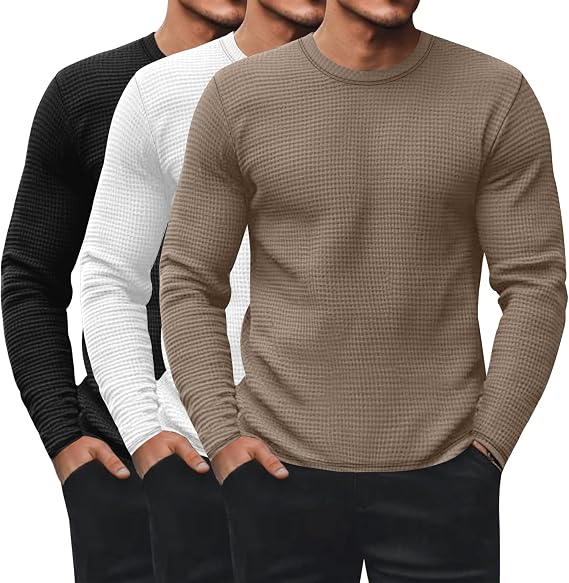 Ficerd 3 Pack Men's Waffle Long Sleeve Shirts | Waffle Knit, Crew Neck, Long Sleeve, Thermal Underwear, Casual Pullover, Knit Undershirts, for Men