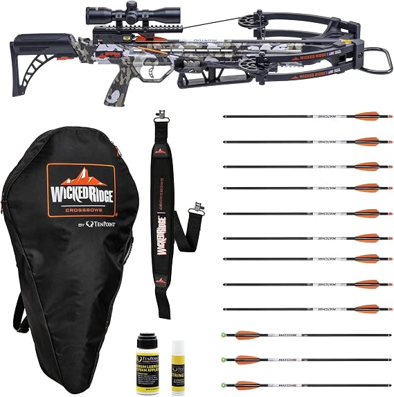 Wicked Ridge by TenPoint Warrior 400 Bundle - Includes Wicked Ridge Soft Case, Nine Match 400 Non-Lighted + Three Lighted Arrows, Neoprene Sling, String Wax & Conditioner, and Premium Lubricant | Soft Case, Lighted Arrows, Neoprene Sling, String Wax, Conditioner