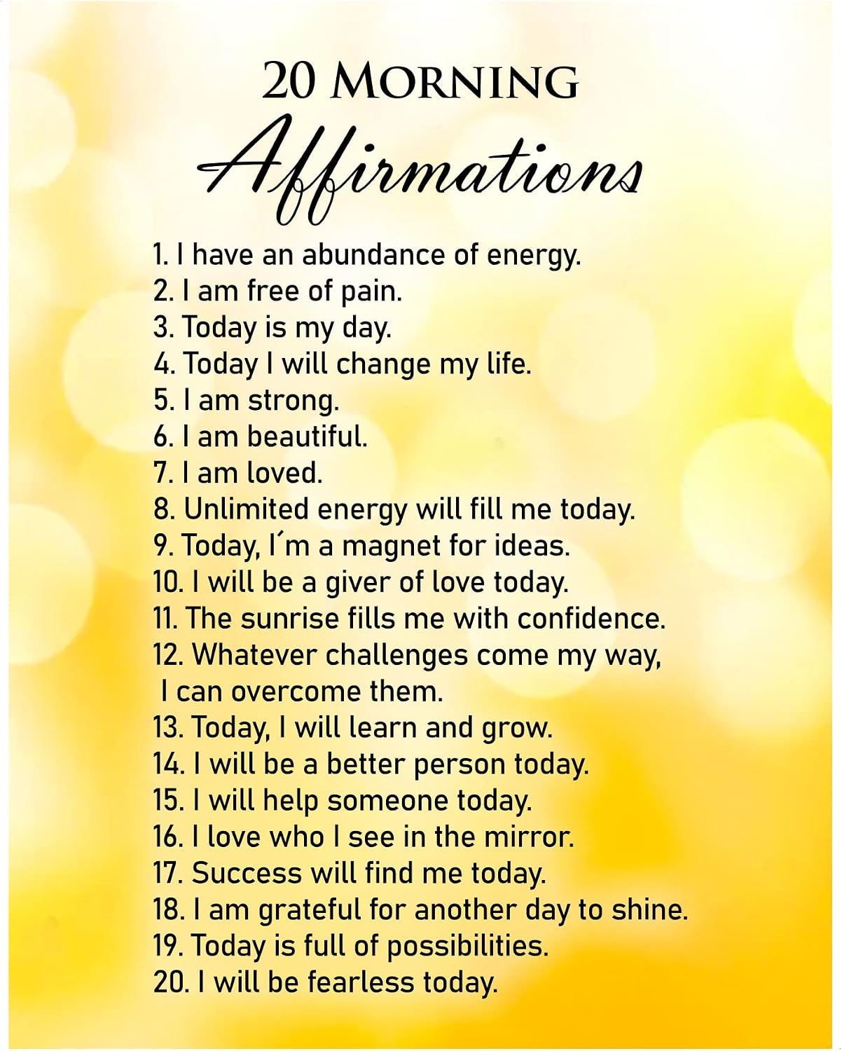 AMERICAN LUXURY GIFTS 20 Affirmations - Inspirational Wall Art Print - 11x14 Unframed | Motivational Morning Quotes for Living Room, Office, Room Decor