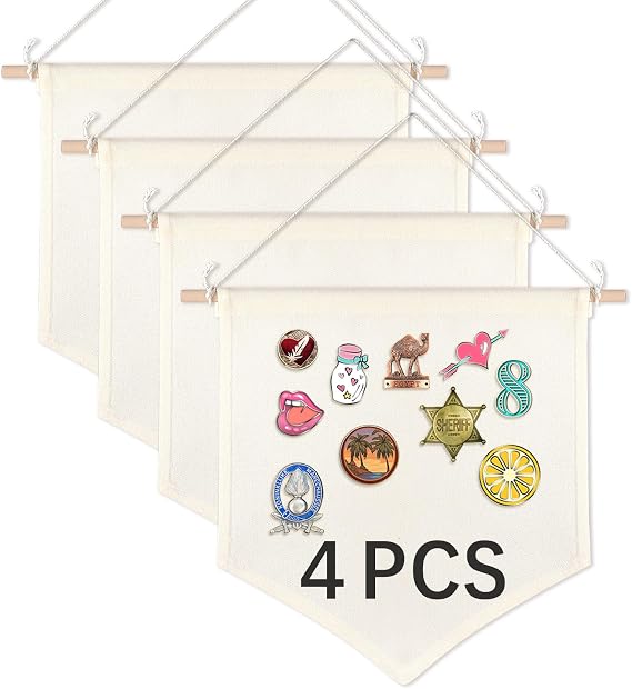 4 PCS Canvas Banners Wall Hanging Brooch Jewelry Storage Case Stand Enamel Pin Display, Sublimation blank Banner,Holder Earrings Necklace Pin Collection Organizer (30x36 beige Banners*4pcs)