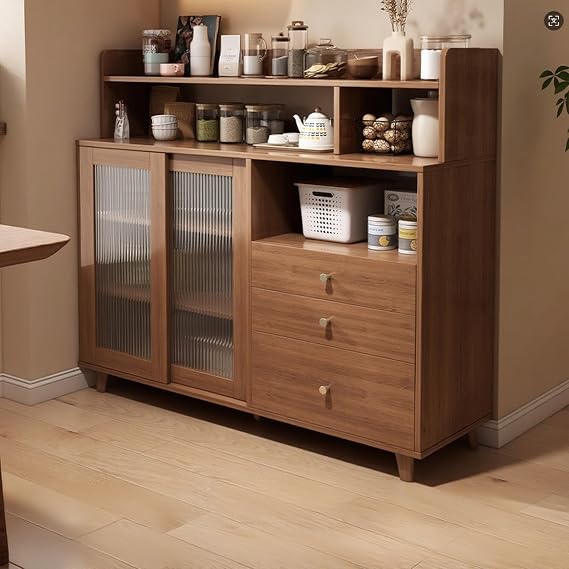 Kitchen Sideboard with Storage, Buffet Table with Drawers and Shelves, Coffee Bar Cabinet with Fluted Glass Doors, Dining Room Storage Cabinet, Modern Sideboards and Buffets A 47.2*14.2*49.2in