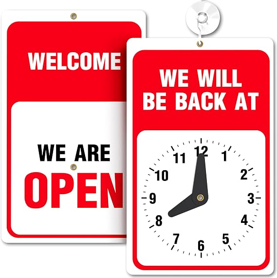 ASSURED SIGNS Will Return Clock Sign, 9.25 x 5.75 Inch, Be Back Soon Sign | Prevents Lost Sales, Adjustable Clock Shows Return Time, High Visibility Red & White, Includes Suction Cup, Double-Sided