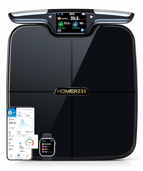 Homerz Smart Scale with BMI, Body Fat, Muscle Mass, Body Composition Scale | 57 Metrics Bathroom Scale, Bluetooth & WiFi, Large TFT Color Display, Rechargeable, 400lb Weight, Syncs with Other Apps