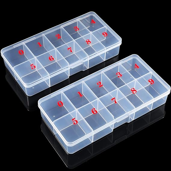 2 Pieces Empty Nail Tip Box, 10 Slots Numbered False Nail Tips Organizer Case, White Plastic Grid Storage Box for Beads, Rhinestones, Jewelry, Crystal and DIY Accessories(White)