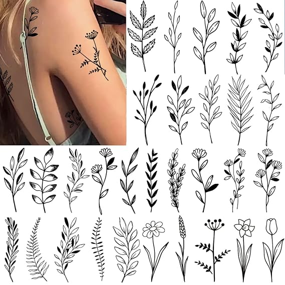 Tazimi 12 Sheets Black Flower Temporary Tattoos for Women Girls | Black Small Wild Floral Bouquet Tiny Branch Floral Wild Plants Sketch Tattoo Stickers for Women Body Art Arm