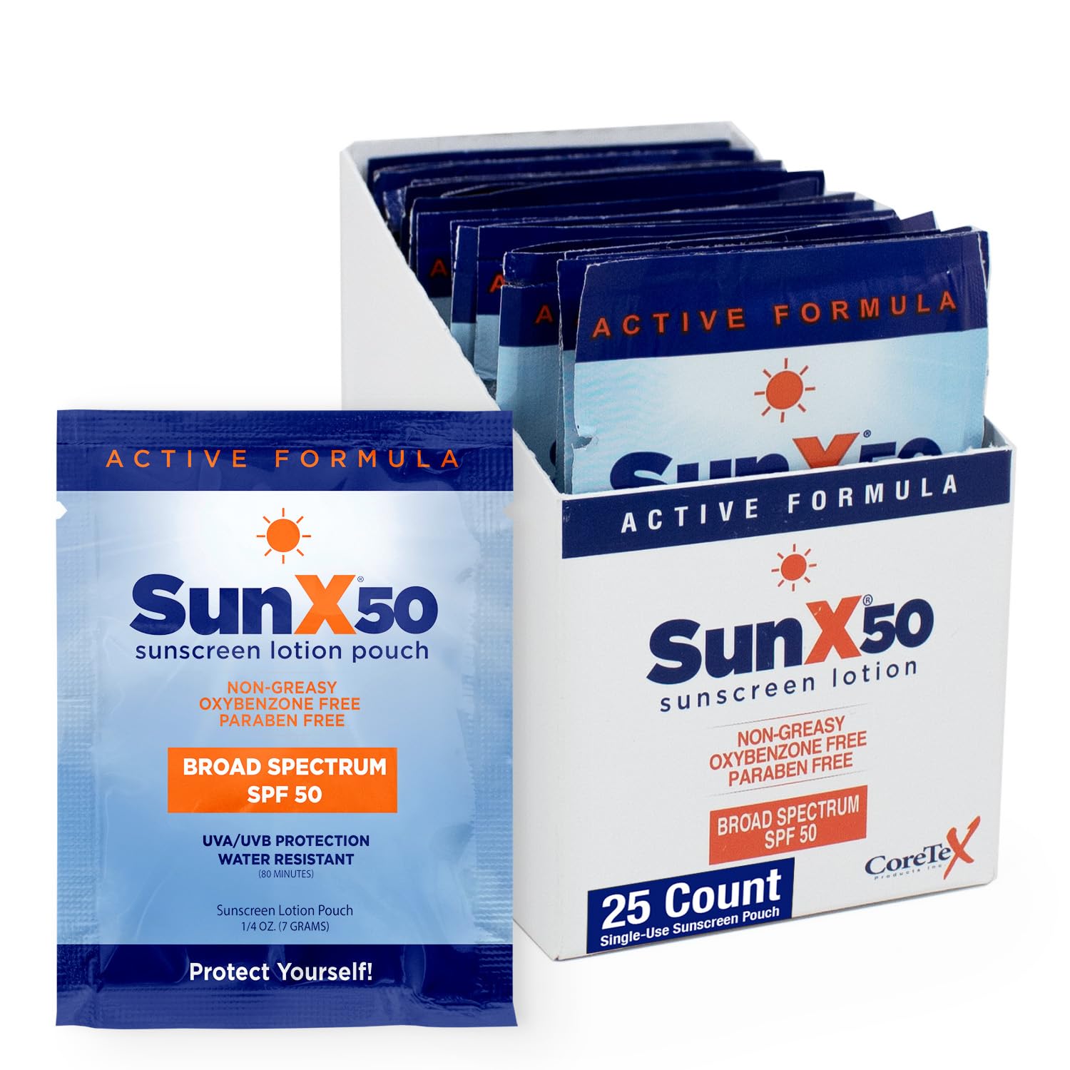 CoreTex Sun X 50 SPF Broad Spectrum Sunscreen Packets - Pack of 25 Paraben, Oxybenzone, Octinoxate, Oil Free Sunscreen - No White Cast and Water Resistant Up to 80 Minutes