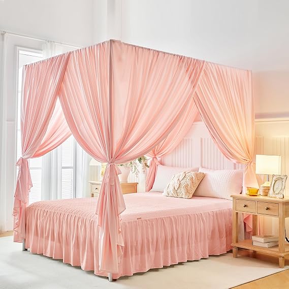 Canopy Bed Curtains - 4 Corners Post Ruffle Princess Bed Canopy Elegant Cozy Drape Netting 4 Opening Mosquito Net for Girls Adults Bedroom Beautiful Decoration - Easy Installation Twin Pink