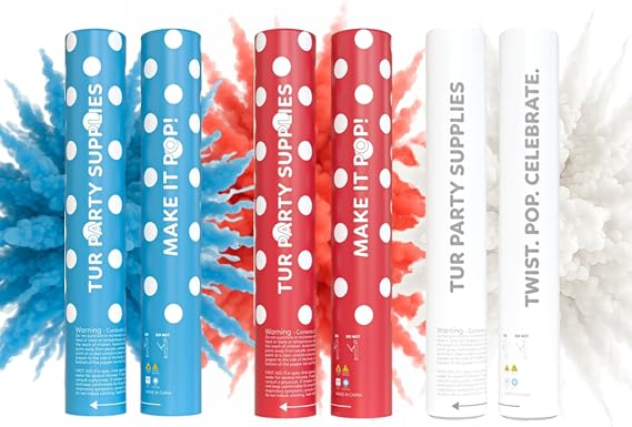Powder Cannons Smoke Bombs Biodegradable Poppers | Launch up to 25 ft | 12 inch | Decorations For Independence Day, | TUR Party Supplies Bundle of 6 Powder Poppers (2 Blue, 2 Red, 2 White)