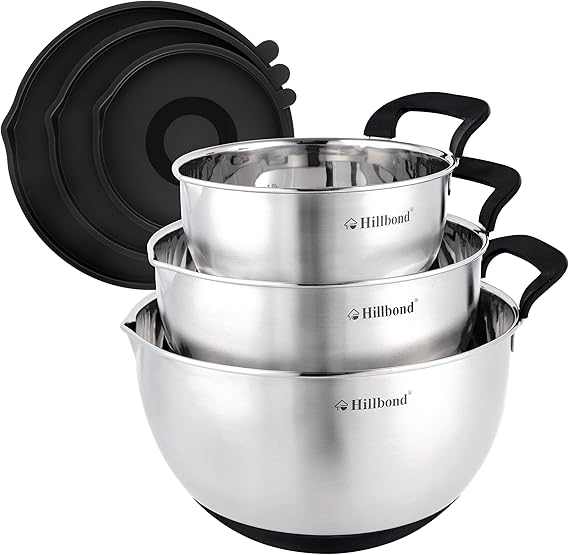 Hillbond Stainless Steel Bowls with Lids Set Mixing Bowls with Pour Spout, Silicone Handle and Non-Slip Bottoms for Baking, Metal Bowls Mixing Dishwasher Safe, Set of 3, Mothers Day Gift (Black)