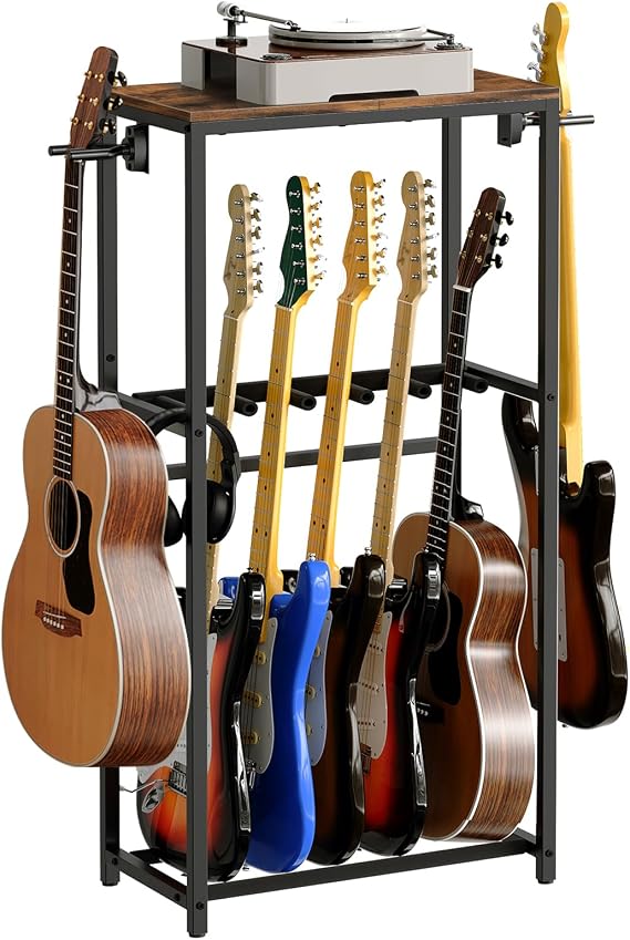 MAHANCRIS Guitar Stand, Guitar Rack for Acoustic Holder, Electric Guitar, Bass, Multiple Guitar Rack Holder for Guitars, Guitar Amp Accessories, for Home Music Studio, Rustic Brown and Black GSHR6501