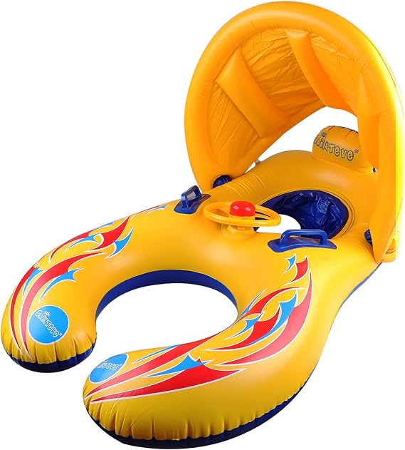 Kalolary Inflatable Mommy & Baby Double Person Float Seat with Removable Sun Canopy for Swim Ring Summer Pool Supplies
