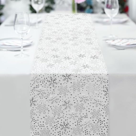 Silver Christmas Table Runners - Snowflake Table Runner Shiny Netting Foil Christmas Dinner Table Decorations for Seasonal Winter Xmas Kitchen Holiday Party 14 x 72 inch