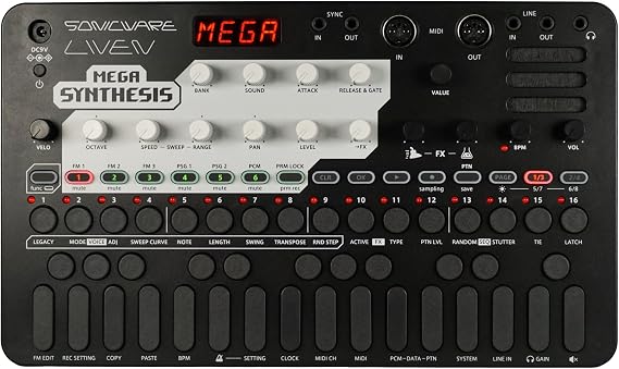 Sonicware Liven MEGA SYNTHESIS [Retro Game Music Composer] Fully Recreate the Legendary Sound of That 16-bit Video Game Console, 320 FM game sounds, 64 PCM drum kits, 6-Track sequencer, 10 types FX