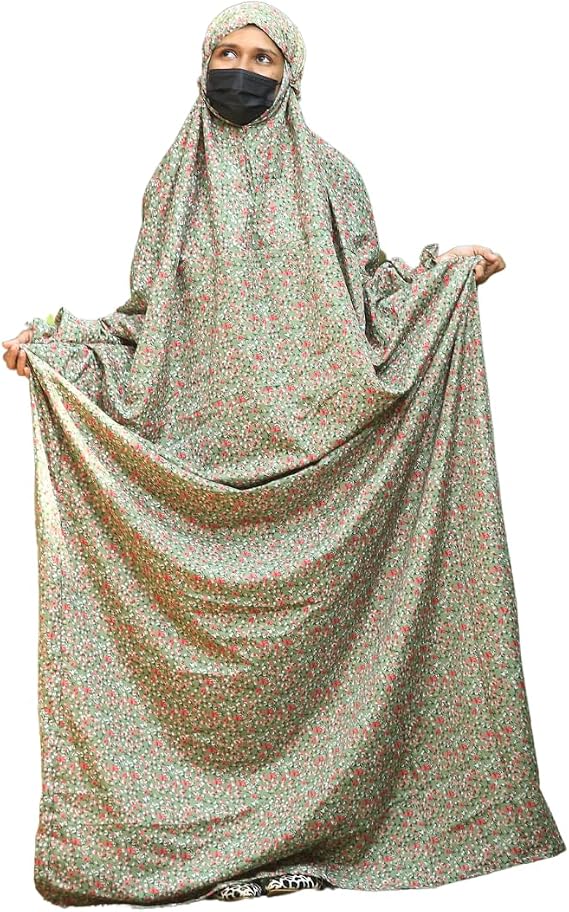 SAWB Islamic Prayer Dress for Women- Free Size, Muslim Dress with Hijab, Jilbab/Niskarakuppayam/Namaz Khimar/Prayer Clothes Niqab Khimar, Islamic Premium Prayer Clothes, Light Sage Green floral color