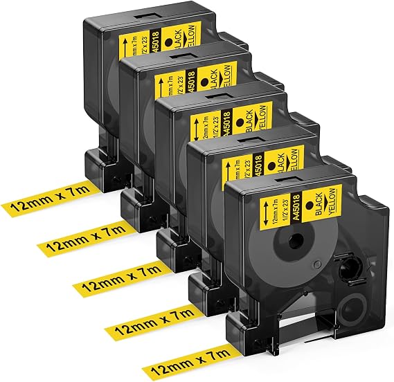 45018 Compatible with Dymo D1 12MM x 7M Label Tape Yellow 45018 A45018, Replace for D1 Refill Tape 12mm Black on Yellow for Dymo Label Maker Labelmanager 160 210D 260P 280 360D 420P PnP, 5Pk