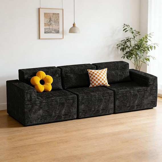 258cm Modular Sofa Boneless Cloud Couch Sectional Couch Memory Foam Corduroy Sofa Bed Wide Armrest Deep Seat Pillow Bottom Anti-Slip Living Room Bedroom No Assembly Required, Gray, 3 Seater
