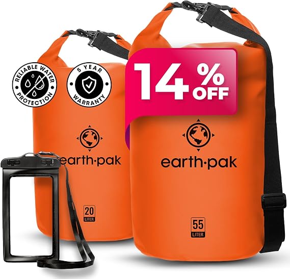 Earth Pak Waterproof Dry Bag - Roll Top Waterproof Backpack Sack (Orange 55L & 20L)