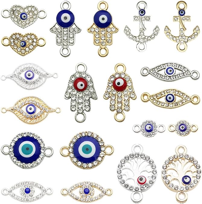 Evil Eye Charm Pendant Connector Bracelet Bead Rhinestone Enamel Eye Hamsa Hand Charm Linker for DIY Jewelry Making Findings (20pcs)