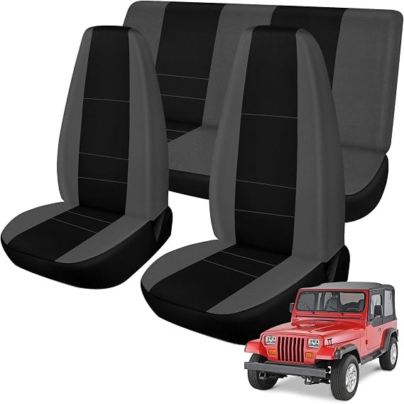 Seat Covers Compatible with Jeep Wrangler YJ 1987-1996 Full Set | Front & Rear Back Door Complete Bench, Breathable Automotive Cover Cushion Accessories