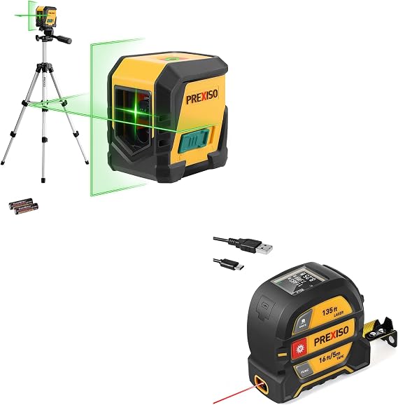 PREXISO 2-in-1 Digital 135Ft Rechargeable Laser Tape Measure & PREXISO Laser Level with Tripod, 65Ft Self Leveling Cross Line