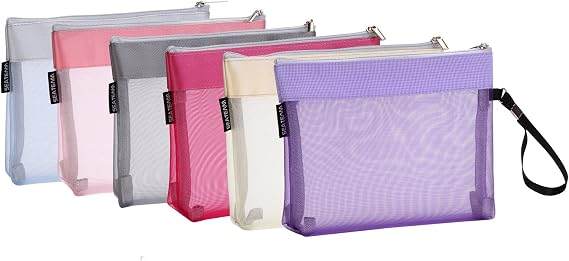 Sea Team Multicolored Nylon Mesh Makeup Bags with Zippers, 6-Pack | Portable Travel Cosmetic Pouches, Versatile Toiletry Organizers, See-Through Material, Pastel Colors, 8.1 x 1.4 x 5.5 Inches