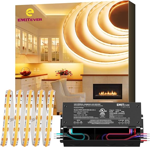 EMITEVER COB LED Strip Lights Warm White, 2700K Premium High Density Tape Light, DC 24V, 400+Lumens/ft, 156LEDs/ft,Ra 90+, IP30, 16.4ft, 4W/ft+60W Dimmable Driver