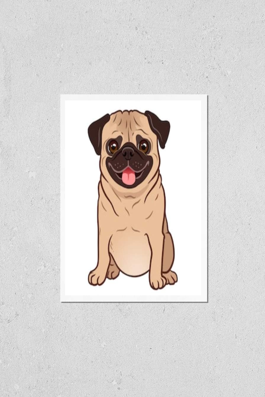 Wall Art Poster Print of Pug Dog Cartoon Illustration. Cute Friendly Fat Chubby Fawn Sitting Pug Puppy, Smiling With Tongue Out. Pets, Dog Lovers, Animal Themed Design Element Isolated on White