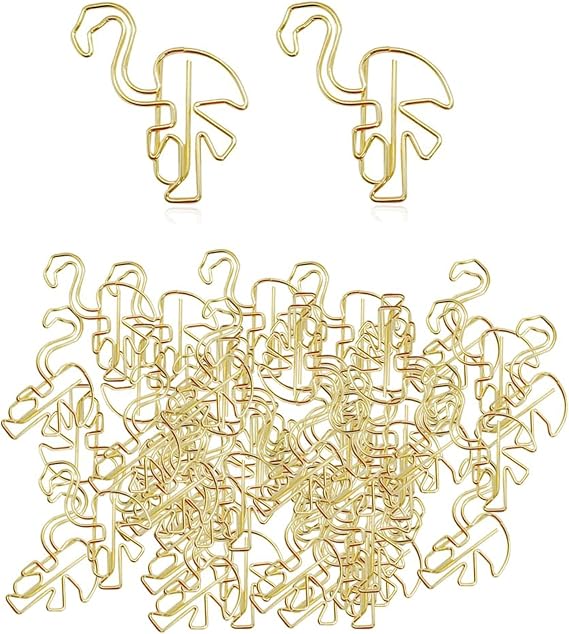 60Pcs Paper Clips, Funny Cute Flamingo Shaped Paperclips Bookmarks, Decorative Small Gold Paper Clip, Metal Planner Clips for Paperwork Office School and Home Document Organization Supplies