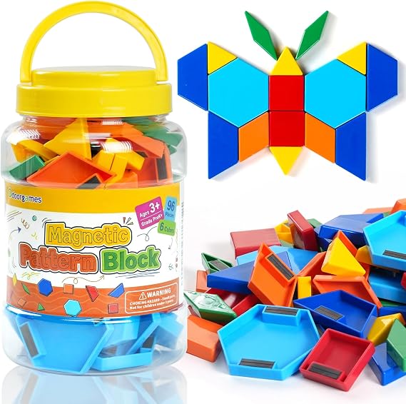 96 Pcs Magnetic Shapes in 6 Colors Pattern Blocks for Kids | Tangrams for Homeschool Activities Geometric Shapes for Classroom Learning & Creative Play