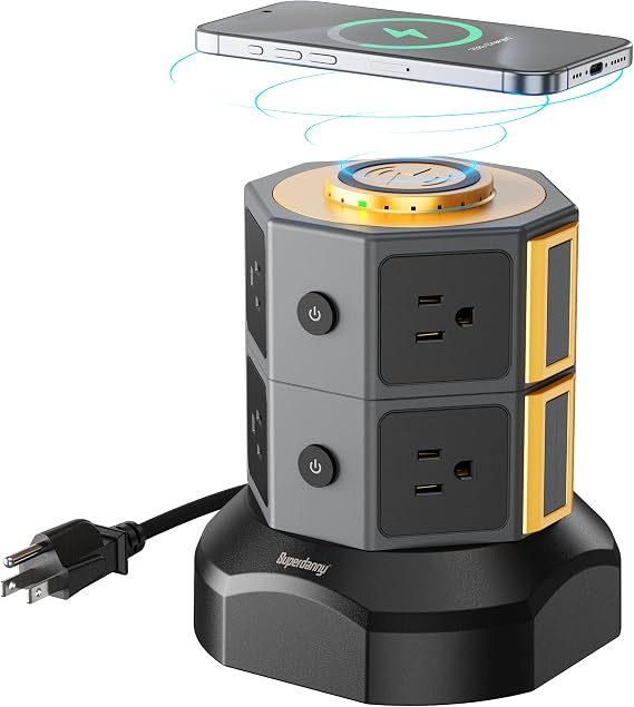 SUPERDANNY 8 AC 15W Wireless Charger Power Strip Tower, 13A, 1050J, Gold | Surge Protector Tower, Charging Station with 8 AC Outlets & 6 USB Ports (2 USB C), 6.5ft Extension Cord for Home Office Dorm