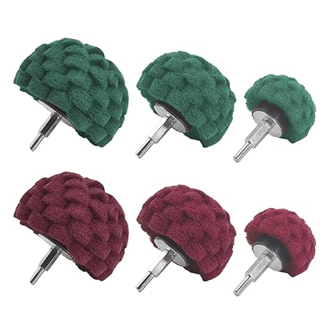 6 Pcs Scouring Pads Non Woven Abrasive Drill Cleaning Kit, Abrasive Buffing Polishing Wheel Drill Attachment Set, 3 Green and 3 Red