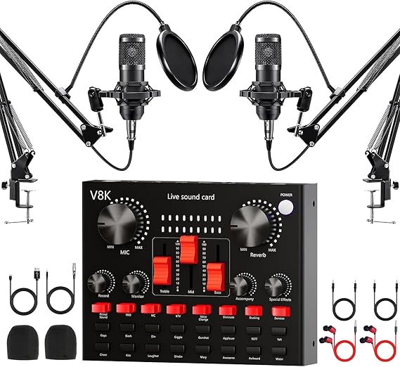Podcast Equipment Bundle for 2, V8K Sound Card with BM800 Condenser Microphone, Audio Interface with DJ Mixer, Podcast Equipment for Broadcast Live Streaming Singing Tiktok Youtube(Black)