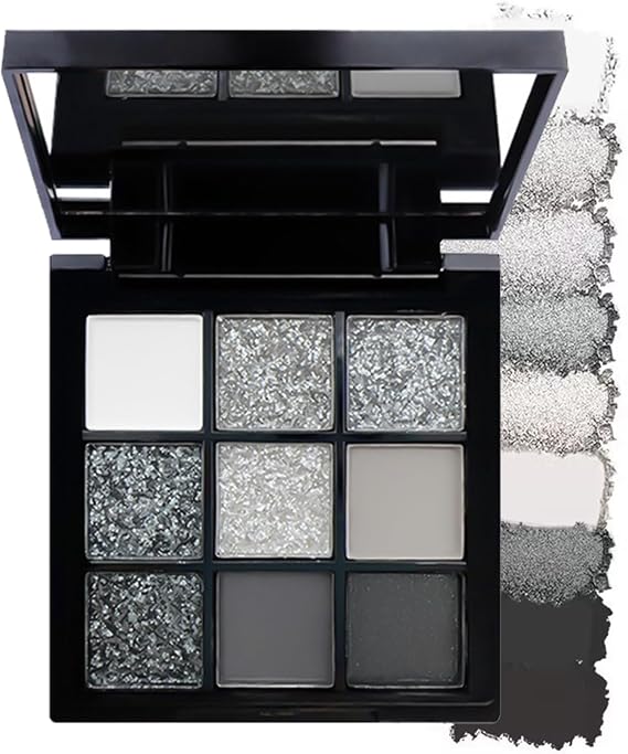 9 Color Smokey Eyeshadow Palette, Black, Grey &amp; Silver Eye Shades Halloween Shadow, Long Lasting, Waterproof, Highly Pigmented Black Eyeshadow Palette for Women, Matte Shimmer Glitter