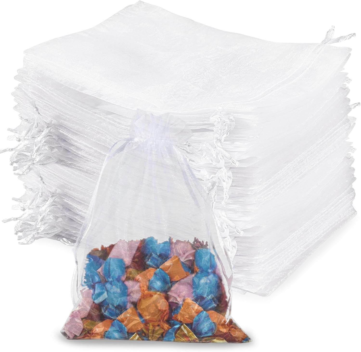 Sukh 100 White Organza Bags 3x4 - Small Organza Sachet Jewelry Gift Favor Bags Drawstring Mesh Bags Valentines Wedding Eid Mubarak Halloween Eve Christmas New Year Party Candy Fruit Wrap Bulk