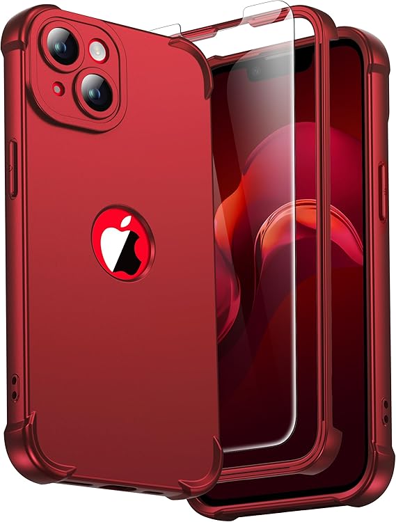 ORETECH for iPhone 14 Case 6.1", Shockproof Slim, Screen Protector, Red | 15ft Military Grade Drop, Camera Lens Guard, 360 Silicone Rubber Bumper