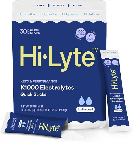 Hi-Lyte K1000 Electrolytes Quick Sticks, Unflavored, 30 Ct | 1,000mg Potassium, Zero Sugar, No Stevia, Non-GMO, Vegan, Gluten-Free, Keto-Friendly, Blended in USA
