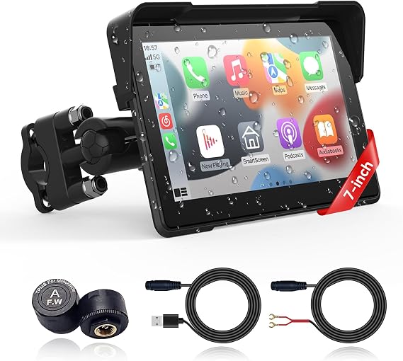 Wireless Motorcycle Apple Carplay,7 Inch Portable Motor GPS Navigation with Apple Carplay & Android Auto,Siri & Google Assistant, Anti-Glare/Bluetooth 5.2/TMPS/Voice Control/ IP69K Waterproof